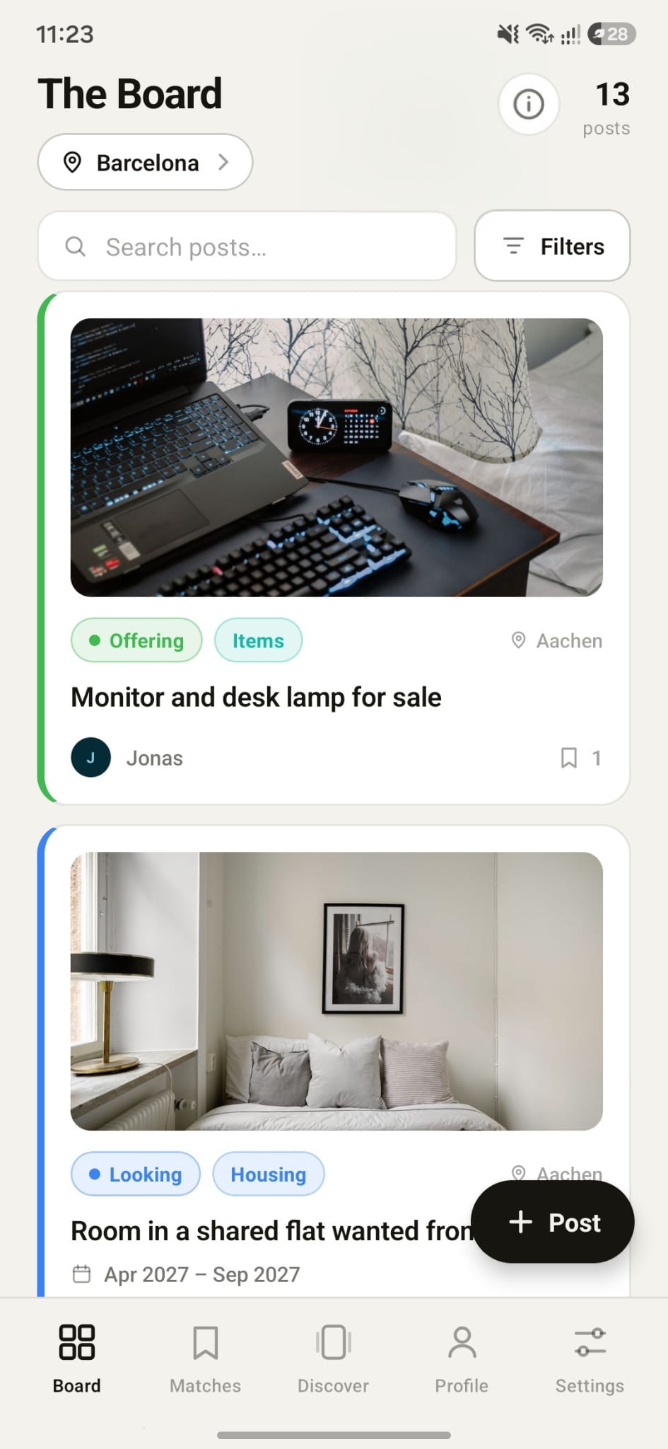 Exchange Connect community Board for Barcelona: student posts such as 'Monitor and desk lamp for sale' (Offering · Items) and 'Room in a shared flat wanted' (Looking · Housing), each tagged by type and city, with a Post button.