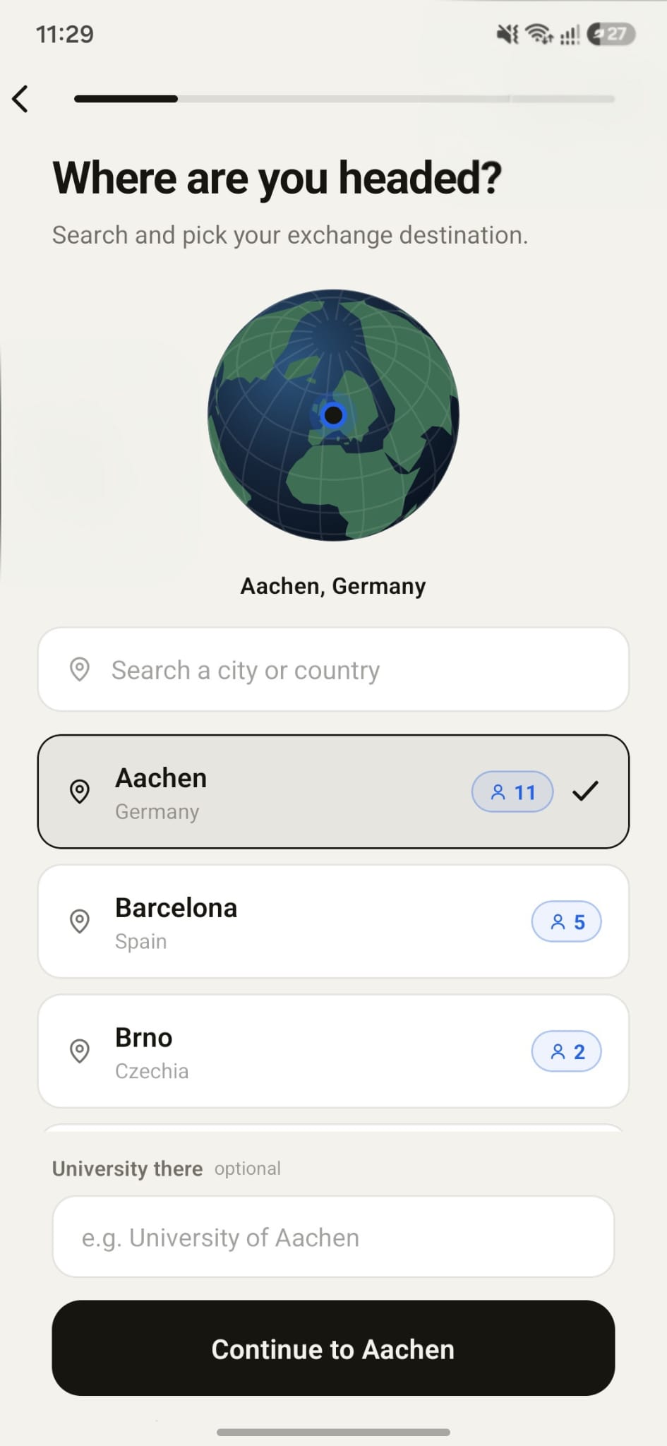 Exchange Connect onboarding screen 'Where are you headed?' — a globe with a searchable list of exchange destinations (Aachen, Barcelona, Brno) showing how many students are heading to each.