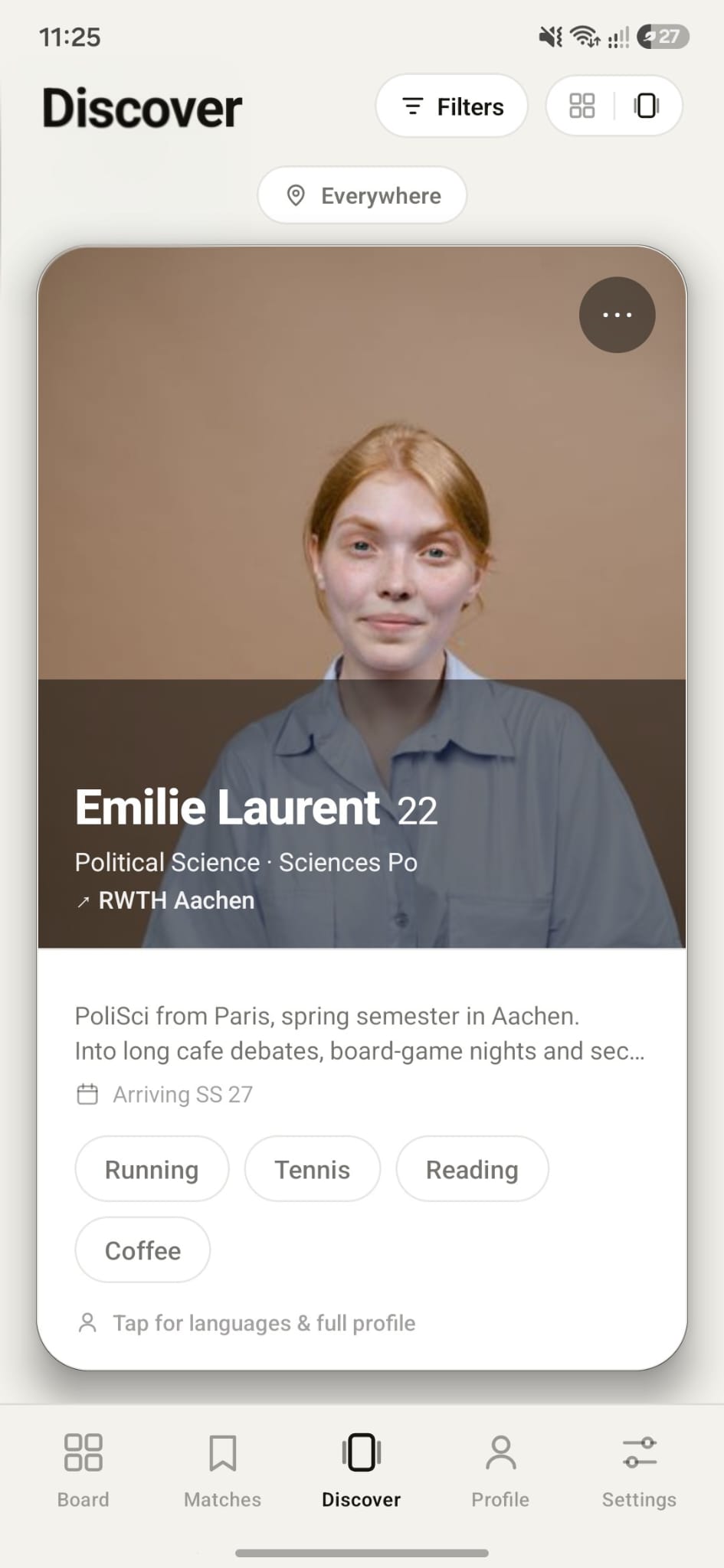 Exchange Connect Discover screen: a swipe card for Emilie Laurent, 22, a Political Science student from Sciences Po heading to RWTH Aachen, with shared interests (Running, Tennis, Reading, Coffee) and a bottom tab bar (Board, Matches, Discover, Profile, Settings).